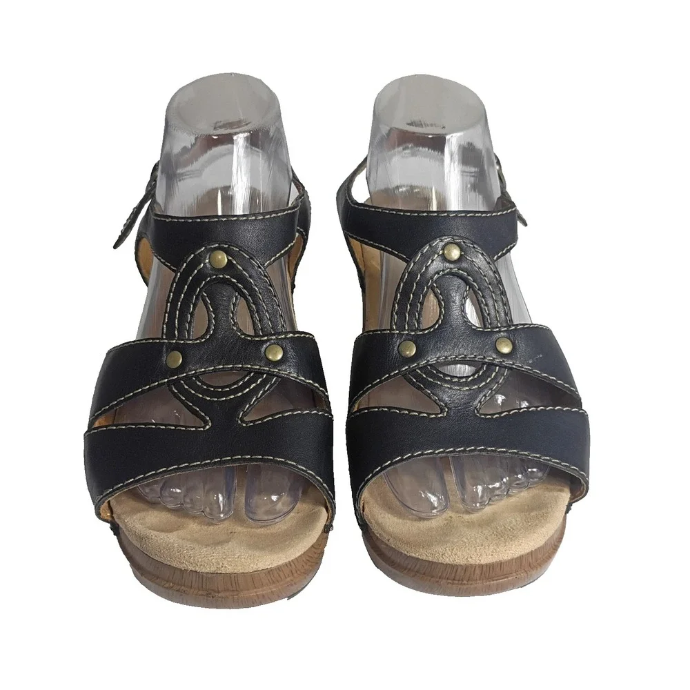 Dansko Sigrid Leather Wedge Sandals Size 39 /US 8.5 Black Strappy Casual Summer